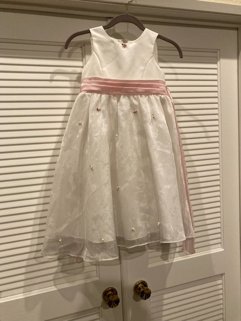 Kid's Dream White Dress with Pink Satin Waistband and Flower Accents